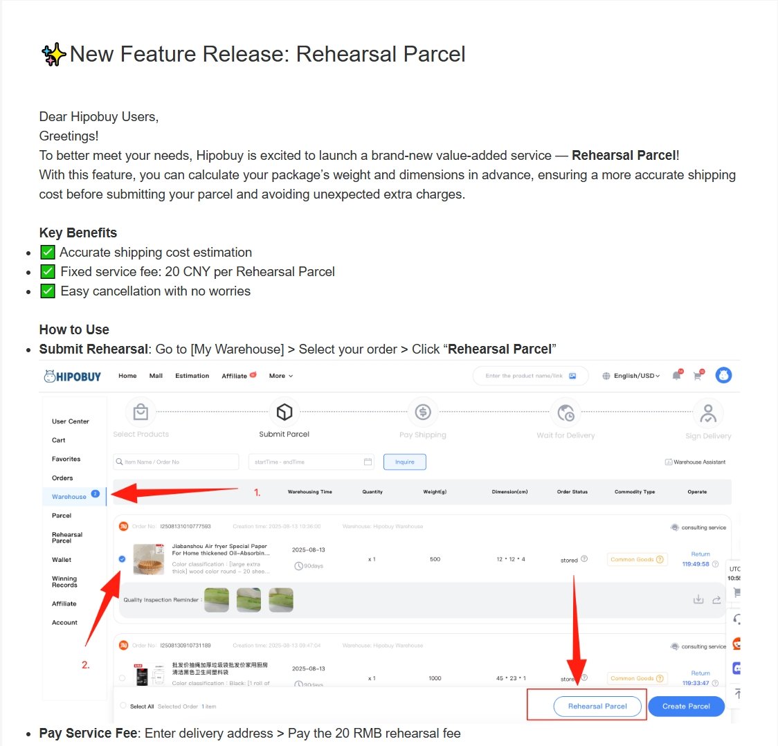 Official Rehearsal Parcel announcement showing the warehouse entry point and the Rehearsal Parcel button