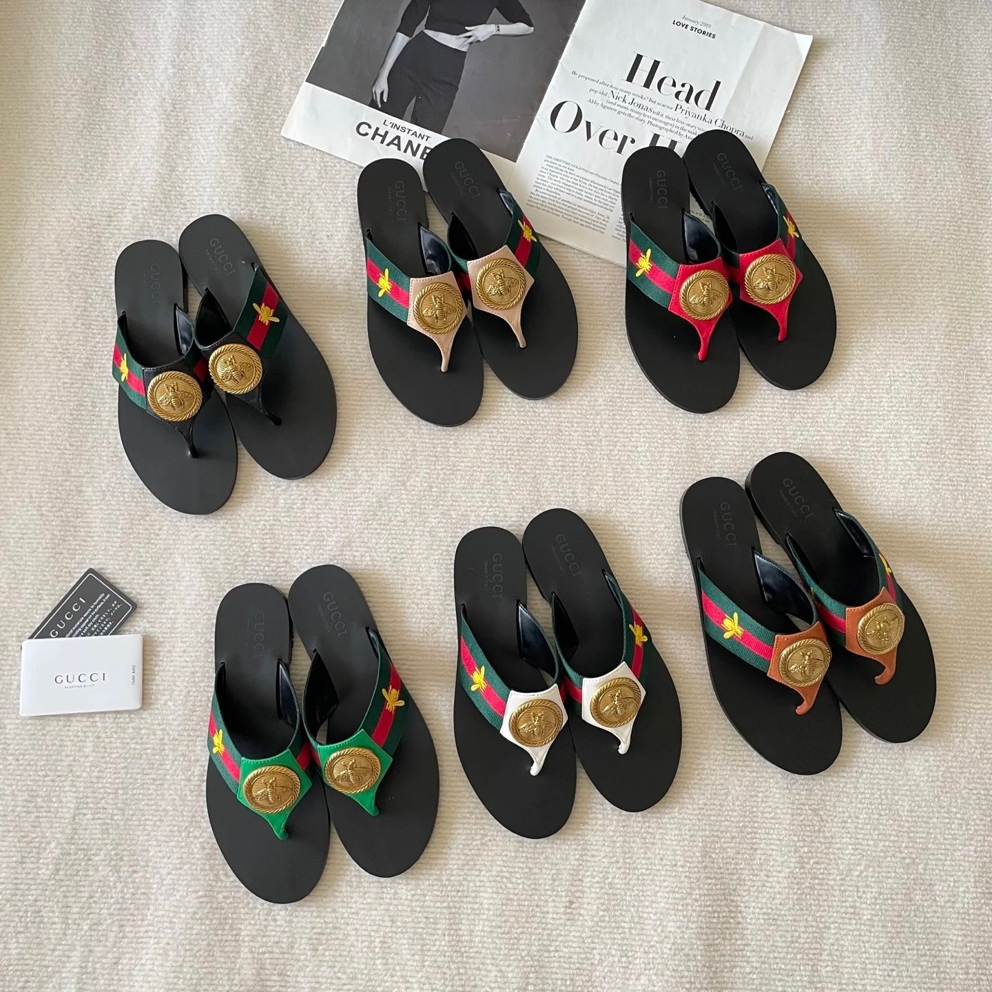Gucci Web Stripe Bee Medallion Thong Sandals