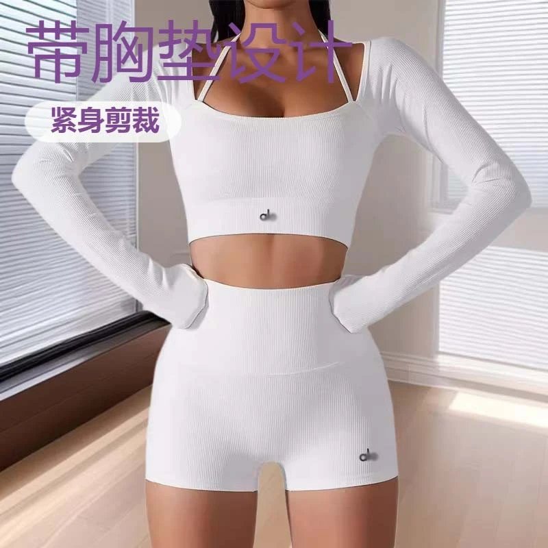 Alo Yoga Ribbed Long Sleeve Crop Top and Shorts Set